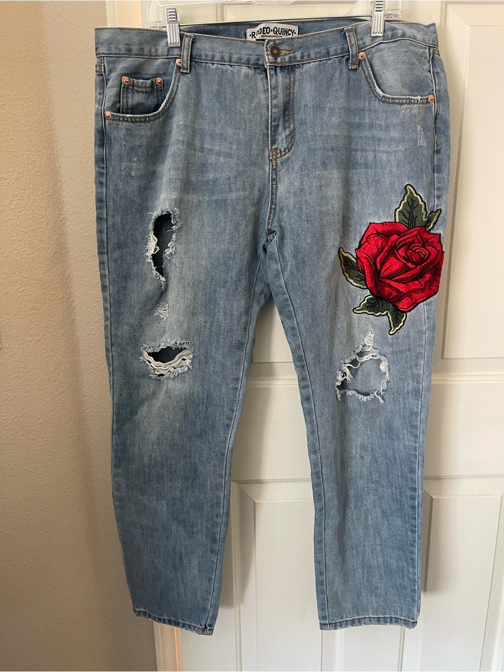 Rodeo Quincy Light Wash Boyfriend Jeans with Red Rose Patch